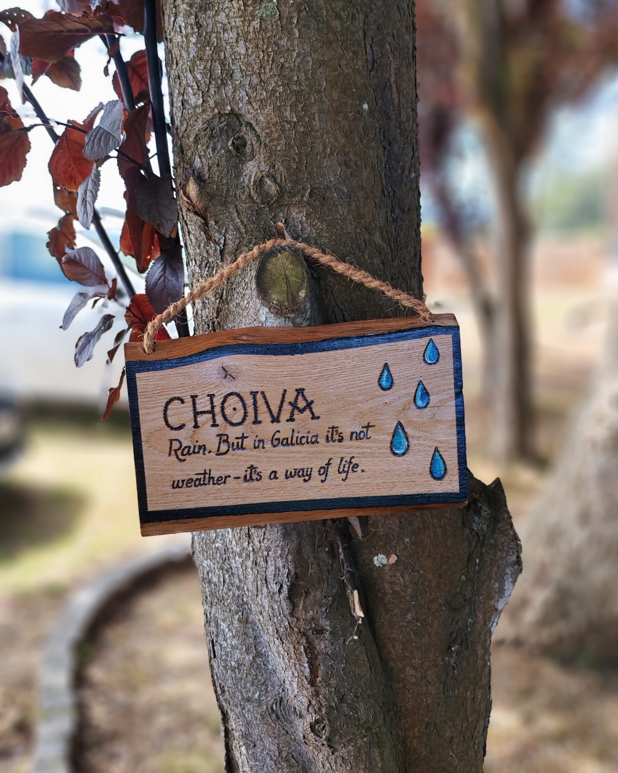 Cartel Choiva pirogravado en madeira de castiñeiro con ilustración de pingas de choiva pintadas a man, colgado con corda de cánamo